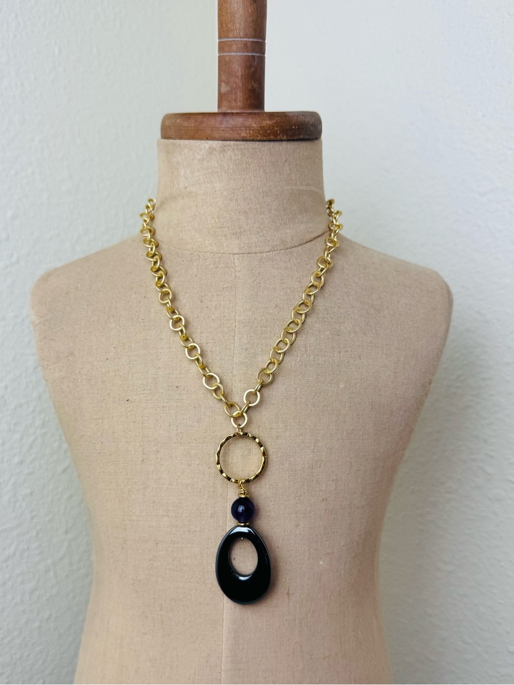 Gold Tone Upcycled Totem Style Amethyst Hematite Pendant Necklace